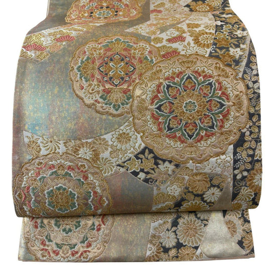 袋帶 秀品級 華紋 熨斗紋 金絲 金金箔 金 六通 純蠶絲