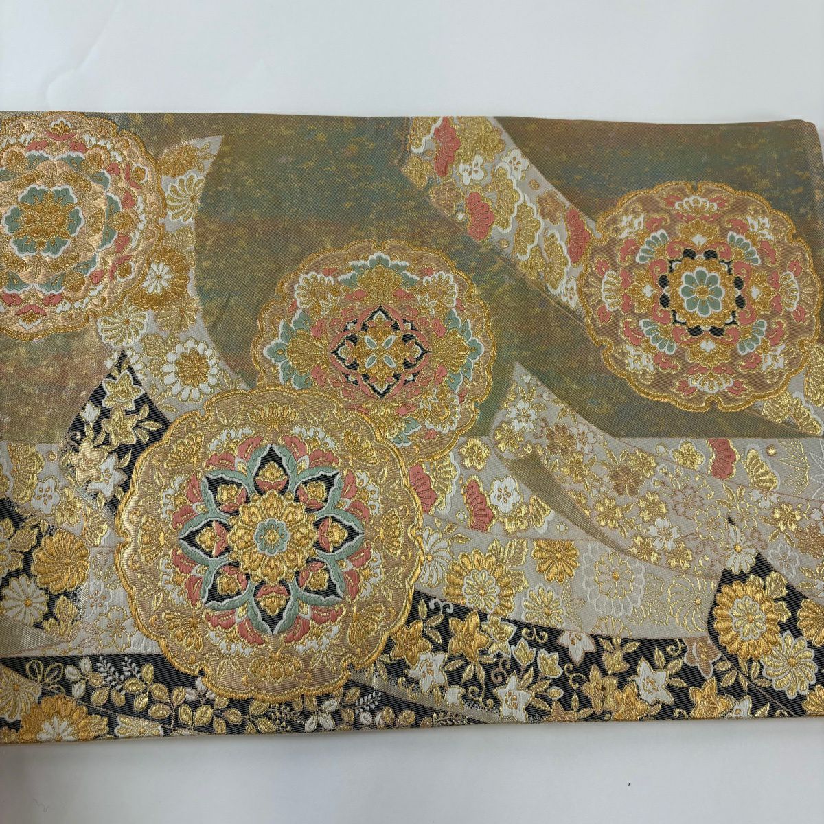 袋帶 秀品級 華紋 熨斗紋 金絲 金金箔 金 六通 純蠶絲