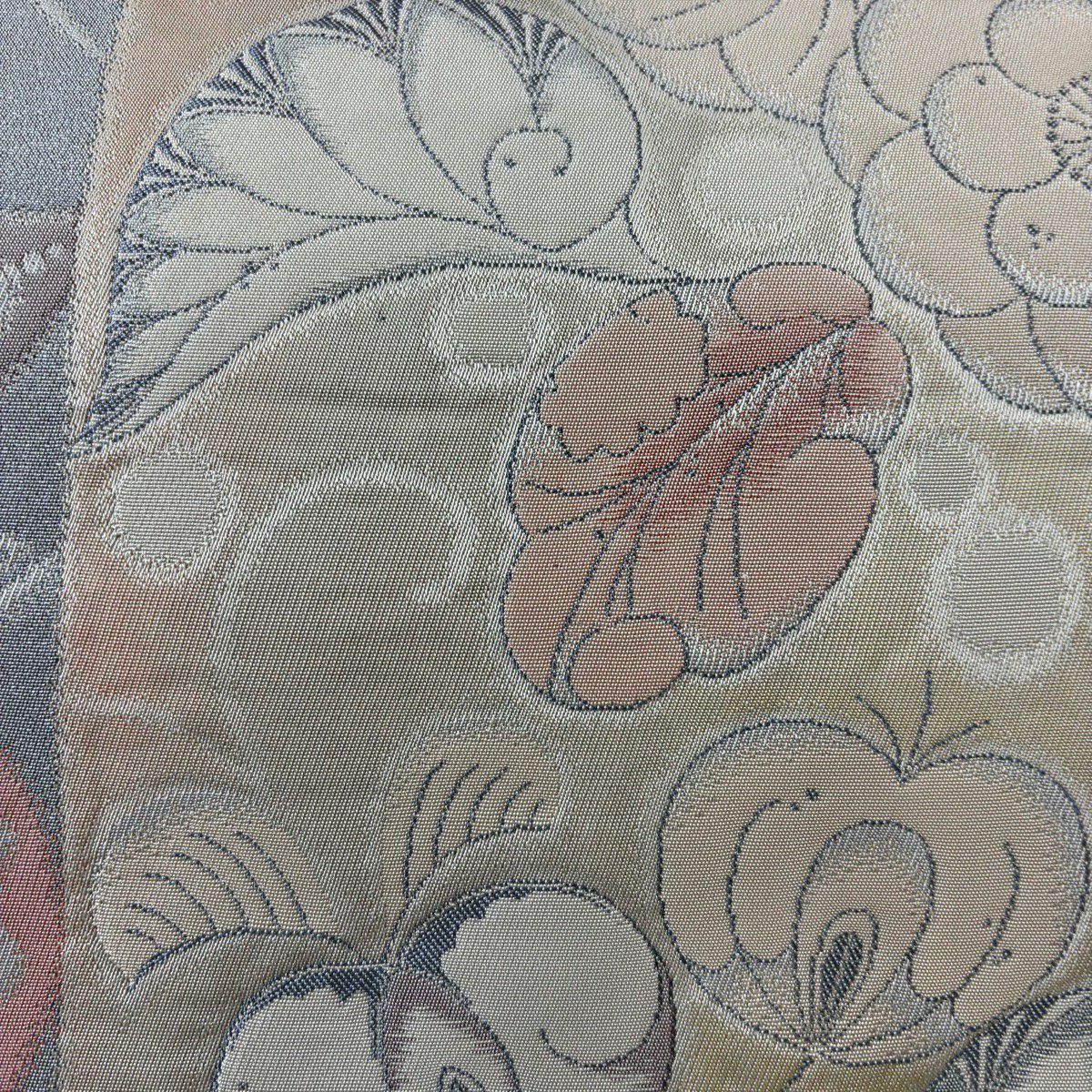 【美品】 袋帶 秀品級 草花紋紋 露草 金金箔 米色 六通 純蠶絲