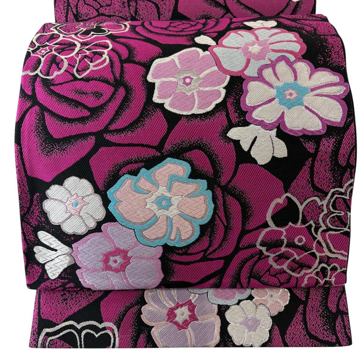【美品】 袋帶 秀品級 草花紋 薔薇 金金箔 濃粉紅 六通 純蠶絲