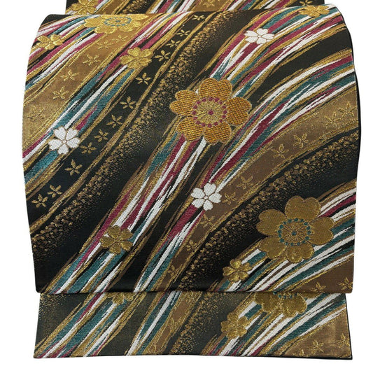袋帶 秀品級 振袖禮服禮服用 櫻花 幾何圖案 金絲 金金箔 金 六通 純蠶絲