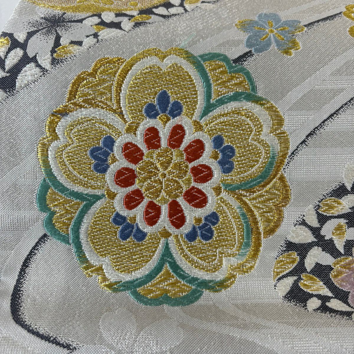 袋帶 秀品級 振袖禮服禮服用 櫻花 流水 金銀線 金金箔 銀色 六通 純蠶絲