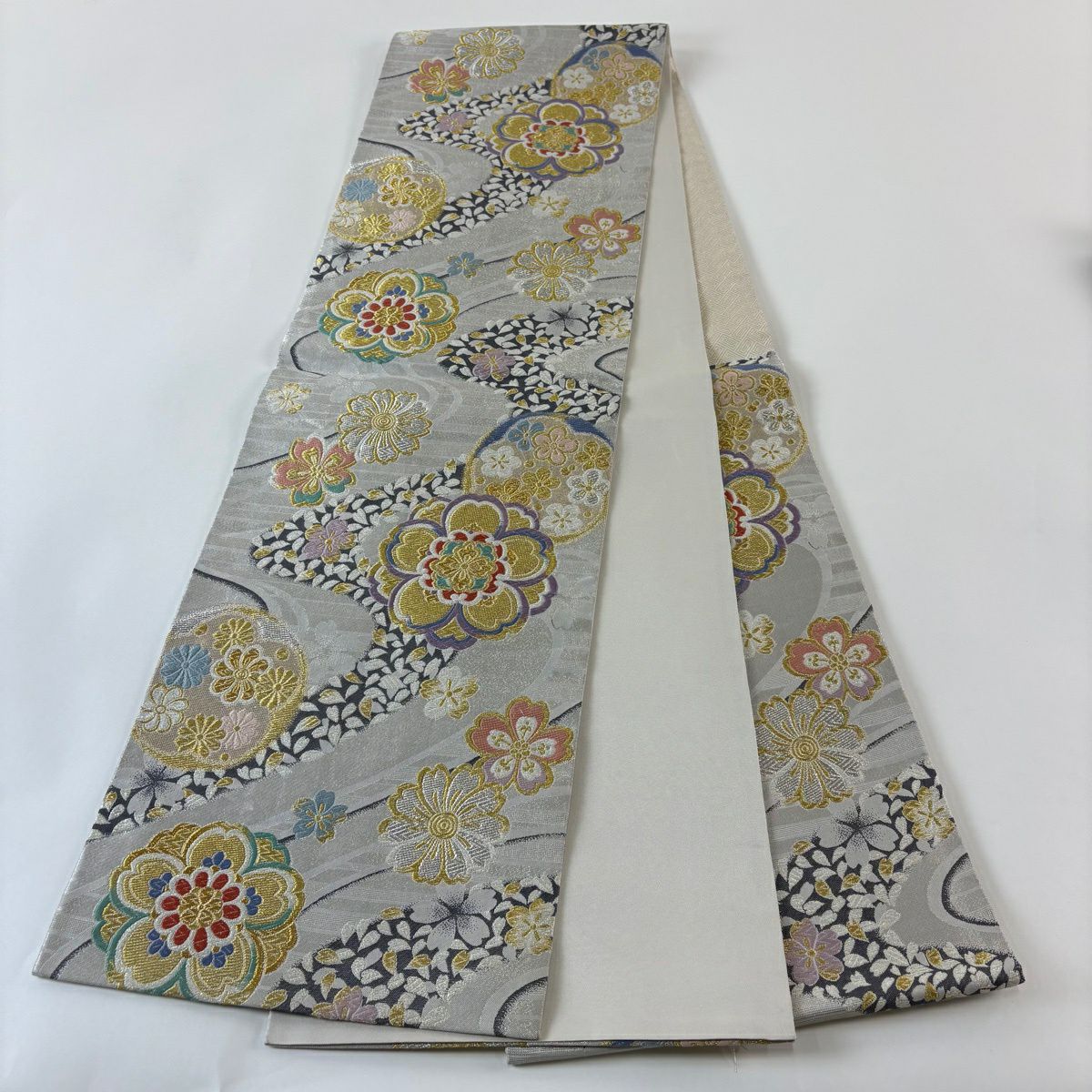 袋帶 秀品級 振袖禮服禮服用 櫻花 流水 金銀線 金金箔 銀色 六通 純蠶絲