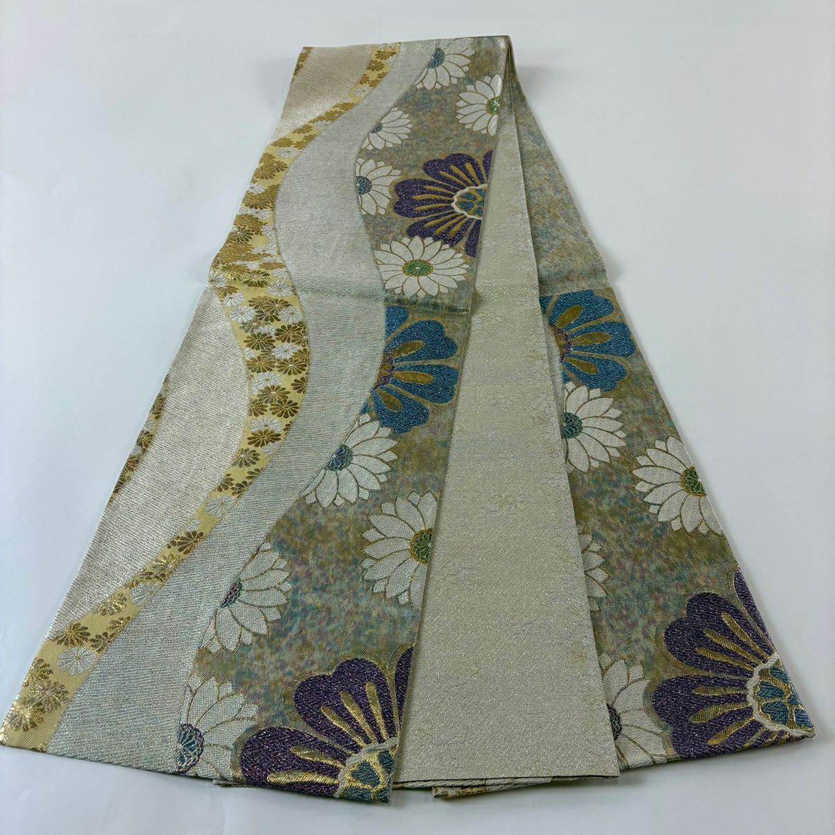 袋帶 秀品級 振袖禮服禮服用 菊花花 流水 金絲 金金箔 奶油色 六通 純蠶絲
