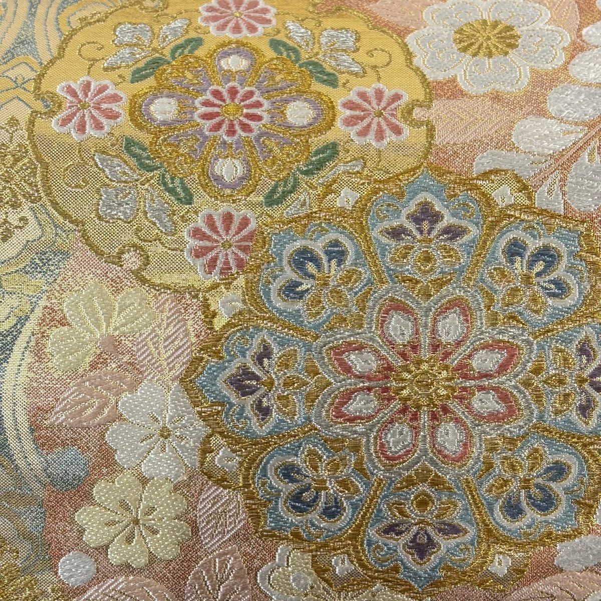 【美品】 袋帶 秀品級 華紋 立涌 金銀糸 唐織 米色 六通 純蠶絲