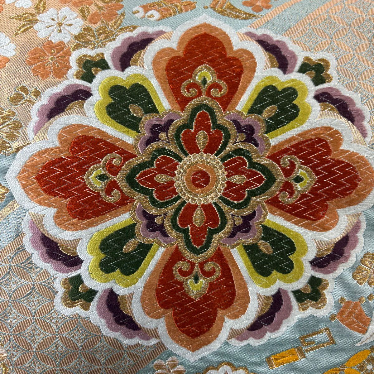 袋帶 秀品級 振袖禮服禮服用 華紋 花丸文 金絲 金金箔 淺綠 六通 純蠶絲