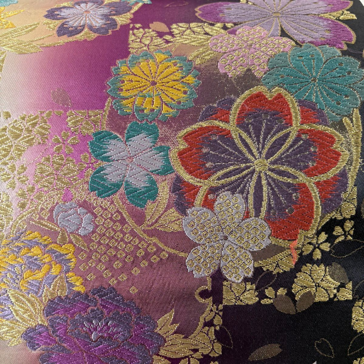 袋帶 秀品級 振袖禮服禮服用 花丸紋 樱楓 金絲 金金箔 紫色 六通 純蠶絲