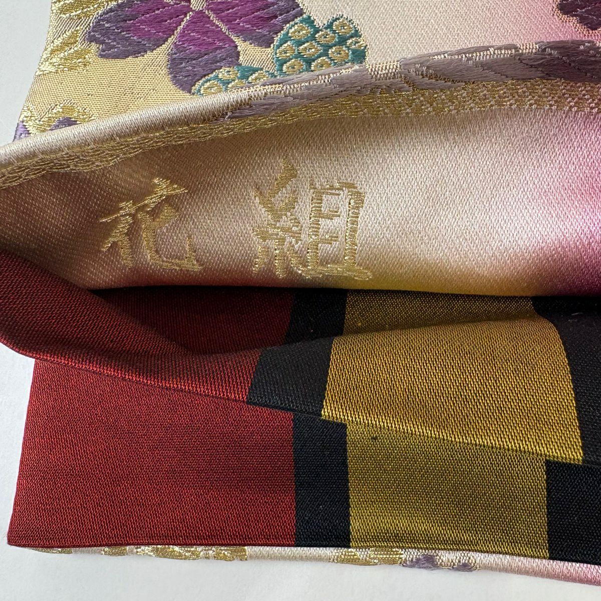 袋帶 秀品級 振袖禮服禮服用 花丸紋 樱楓 金絲 金金箔 紫色 六通 純蠶絲