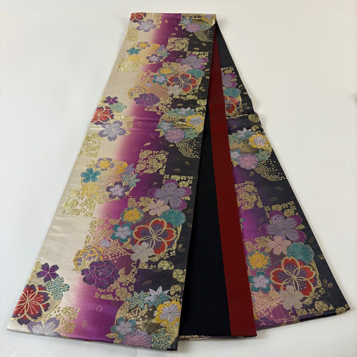 袋帶 秀品級 振袖禮服禮服用 花丸紋 樱楓 金絲 金金箔 紫色 六通 純蠶絲