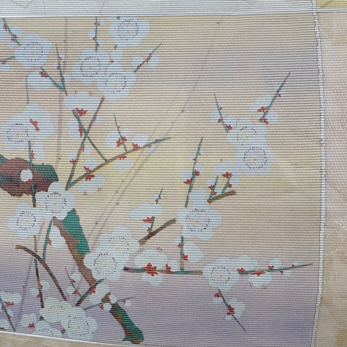 袋帶 秀品級 花鳥 變化市松樹 金金箔 米色 大鼓圖案 純蠶絲