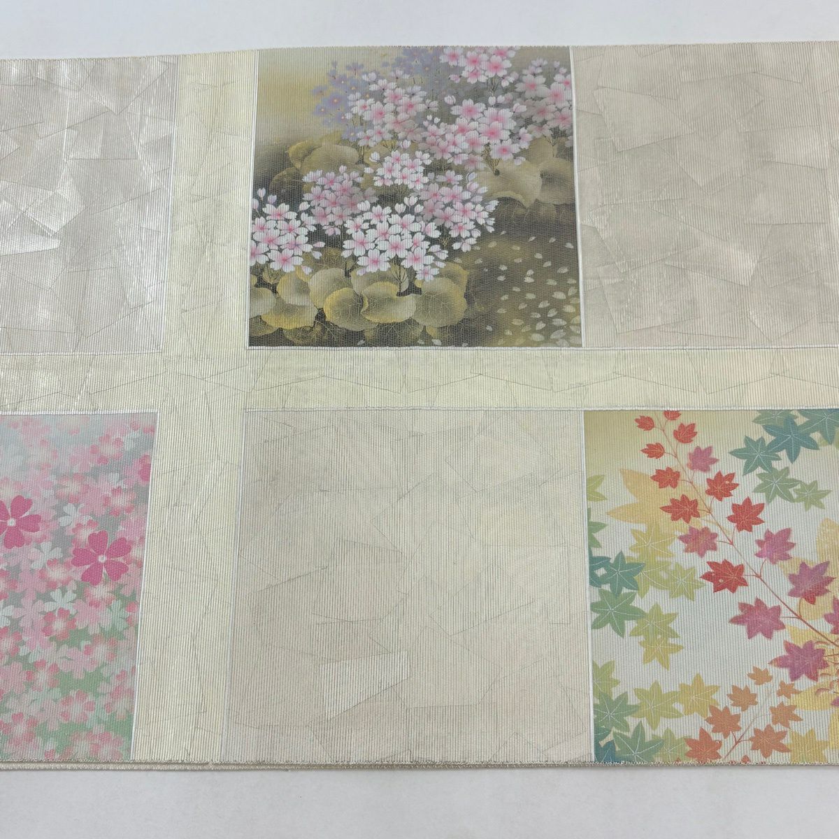 袋帶 秀品級 花鳥 變化市松樹 金金箔 米色 大鼓圖案 純蠶絲