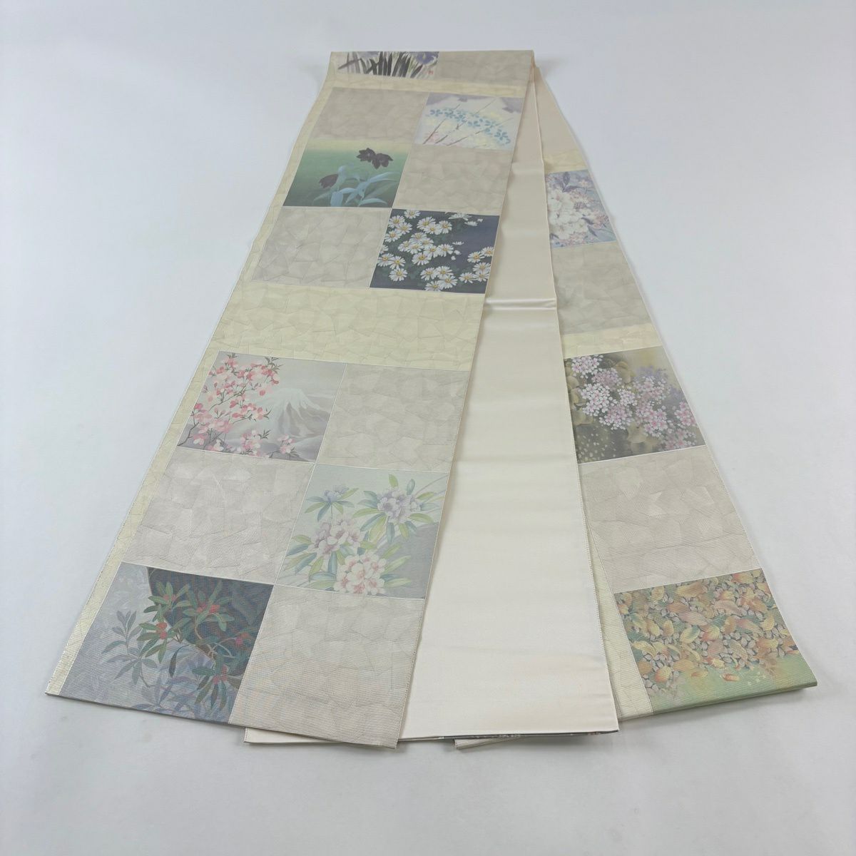 袋帶 秀品級 花鳥 變化市松樹 金金箔 米色 大鼓圖案 純蠶絲
