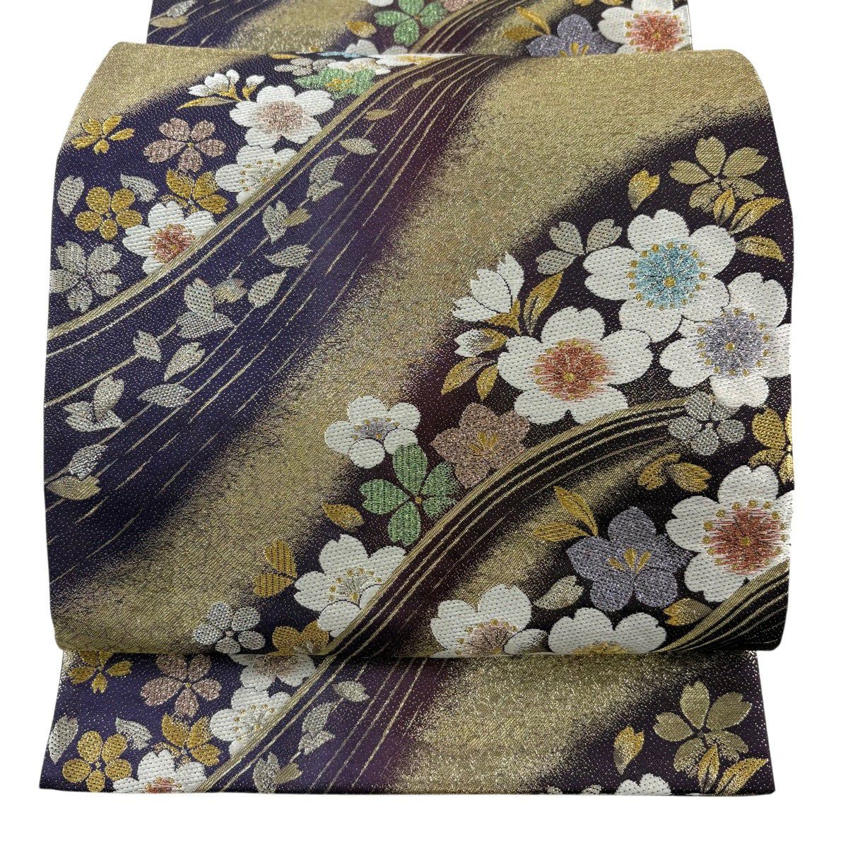 【美品】 袋帶 秀品級 大和 櫻花花瓣 金銀線 金金箔 深紫 六通 純蠶絲