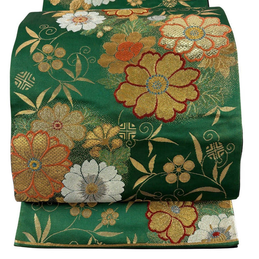 袋帶 秀品級 振袖禮服禮服用 花丸紋 笹蔓 金絲 金金箔 綠色 大鼓圖案 純蠶絲
