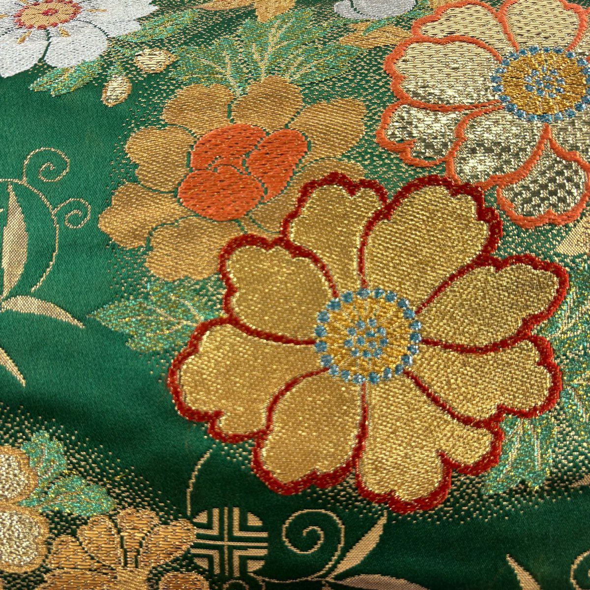 袋帶 秀品級 振袖禮服禮服用 花丸紋 笹蔓 金絲 金金箔 綠色 大鼓圖案 純蠶絲