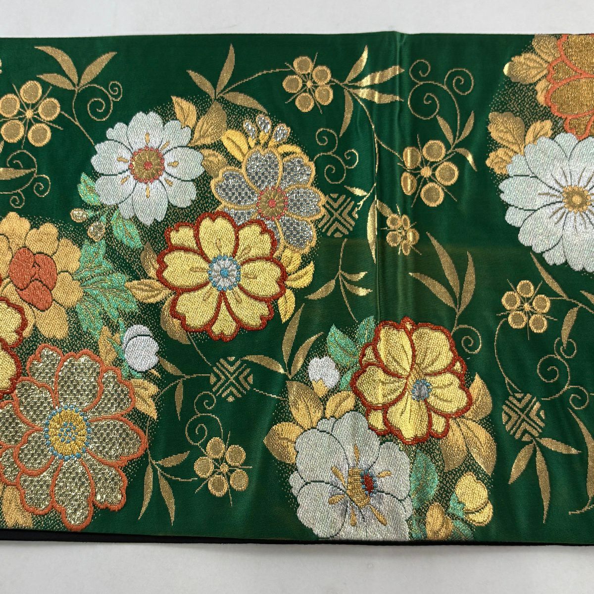 袋帶 秀品級 振袖禮服禮服用 花丸紋 笹蔓 金絲 金金箔 綠色 大鼓圖案 純蠶絲