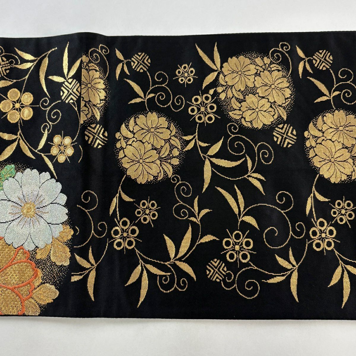 袋帶 秀品級 振袖禮服禮服用 花丸紋 笹蔓 金絲 金金箔 綠色 大鼓圖案 純蠶絲