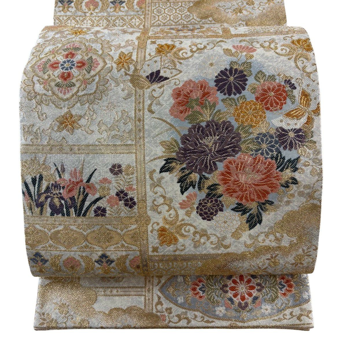 【美品】 袋帶 秀品級 草花紋紋 金金箔 灰白 六通 純蠶絲