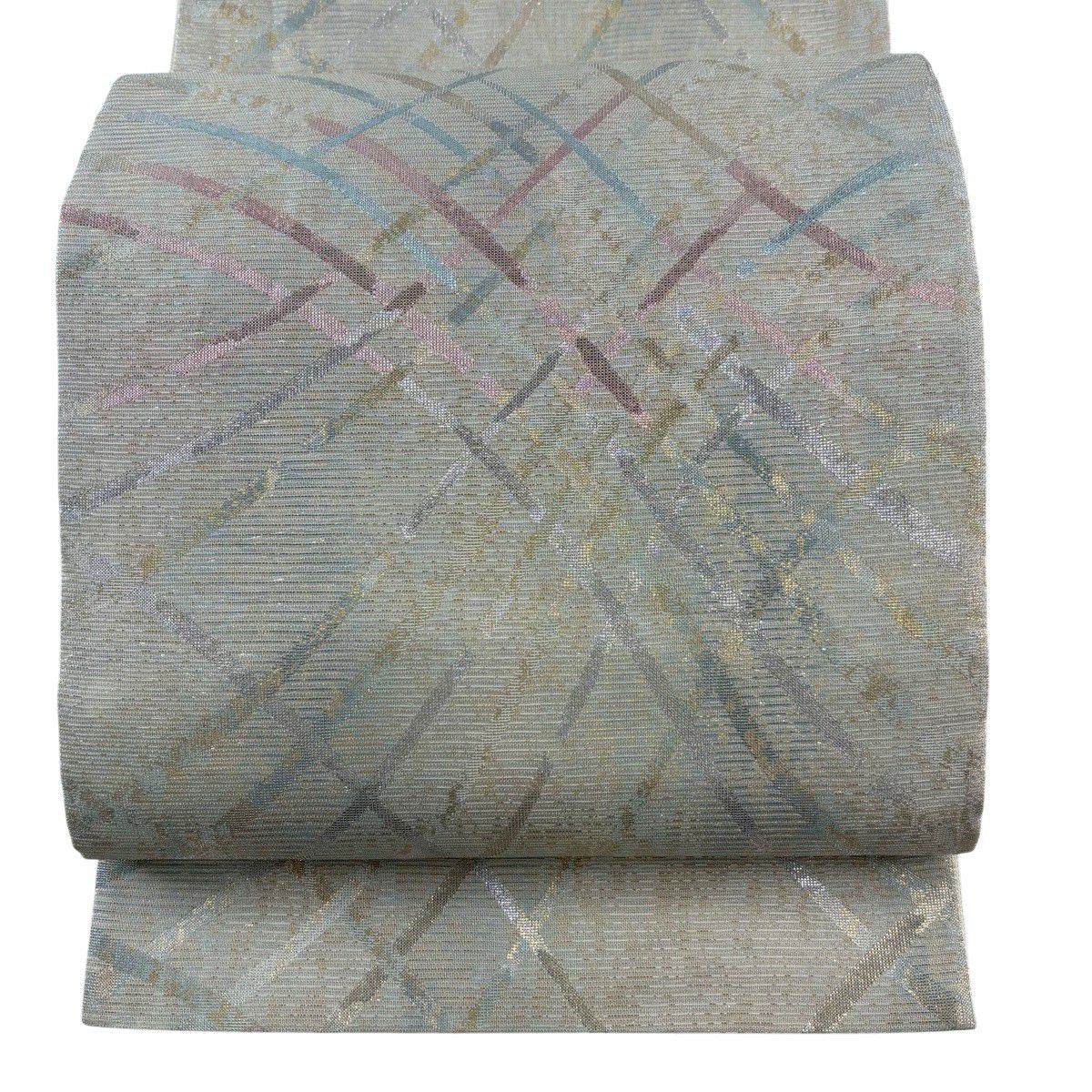 【美品】 袋帶 秀品級 幾何圖案 銀線 金金箔 灰綠 六通 純蠶絲
