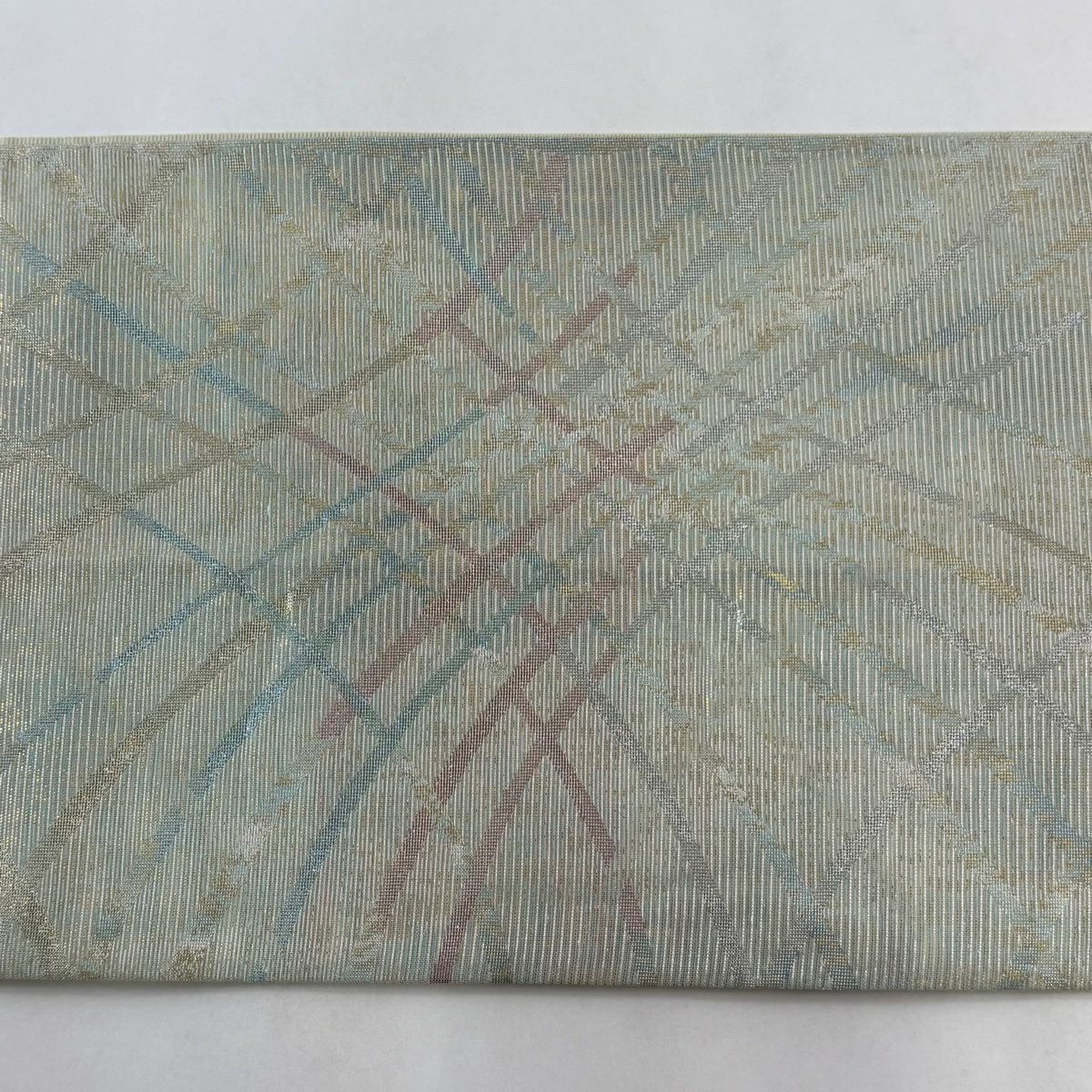 【美品】 袋帶 秀品級 幾何圖案 銀線 金金箔 灰綠 六通 純蠶絲