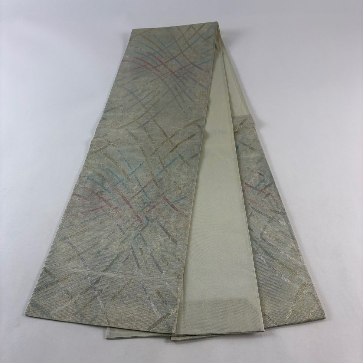 【美品】 袋帶 秀品級 幾何圖案 銀線 金金箔 灰綠 六通 純蠶絲