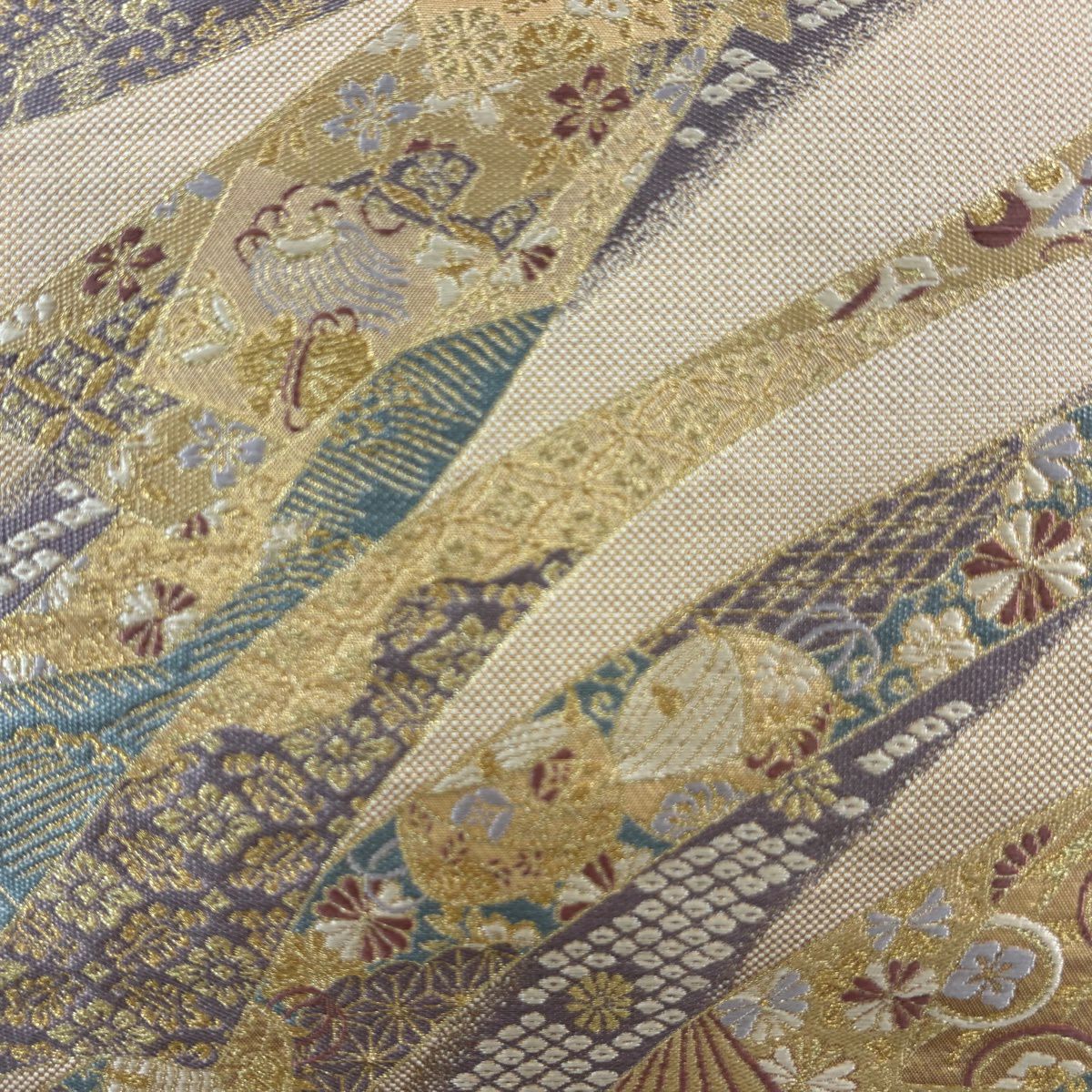 【美品】 袋帶 秀品級 扇子子 線卷 金絲 金金箔 米色 六通 純蠶絲