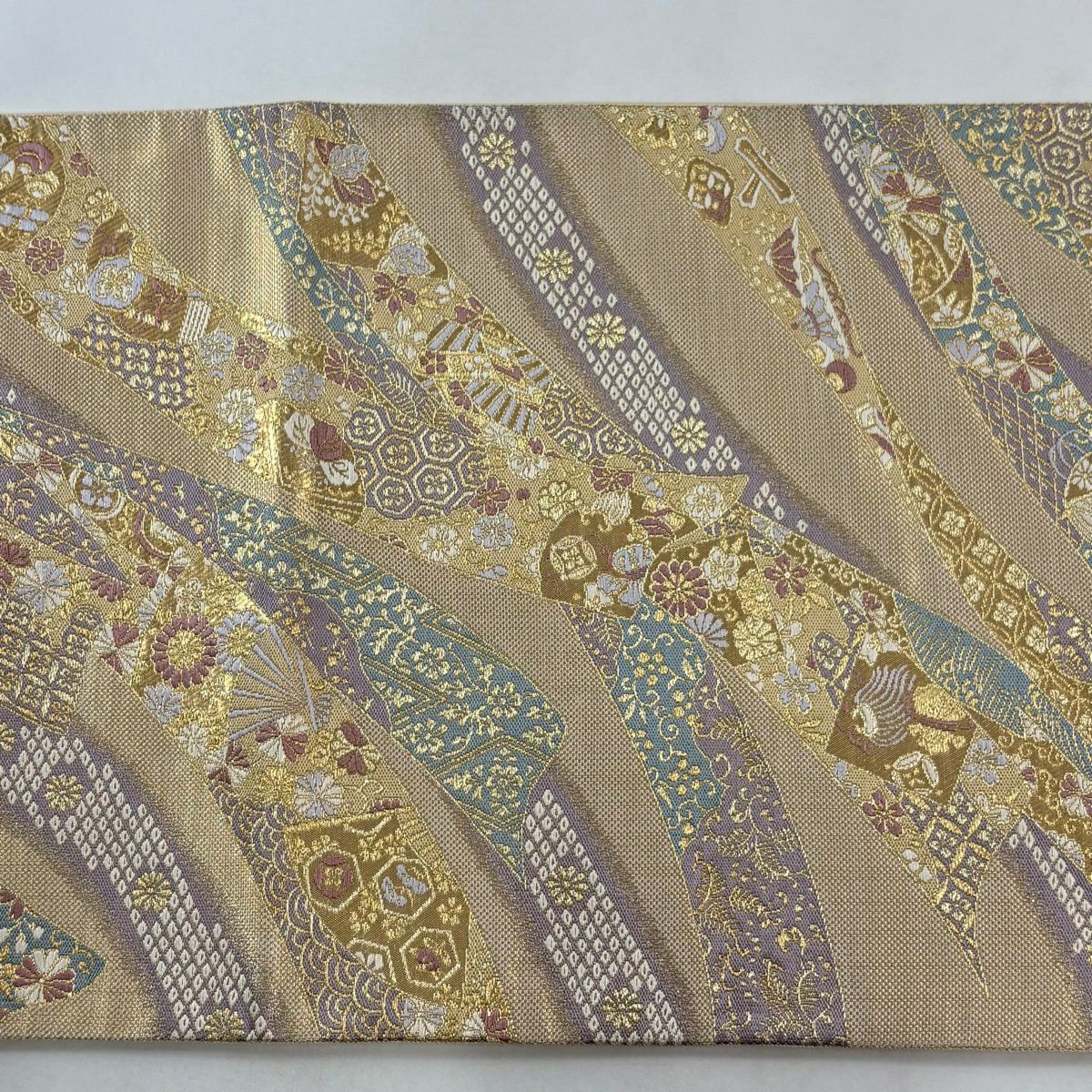 【美品】 袋帶 秀品級 扇子子 線卷 金絲 金金箔 米色 六通 純蠶絲