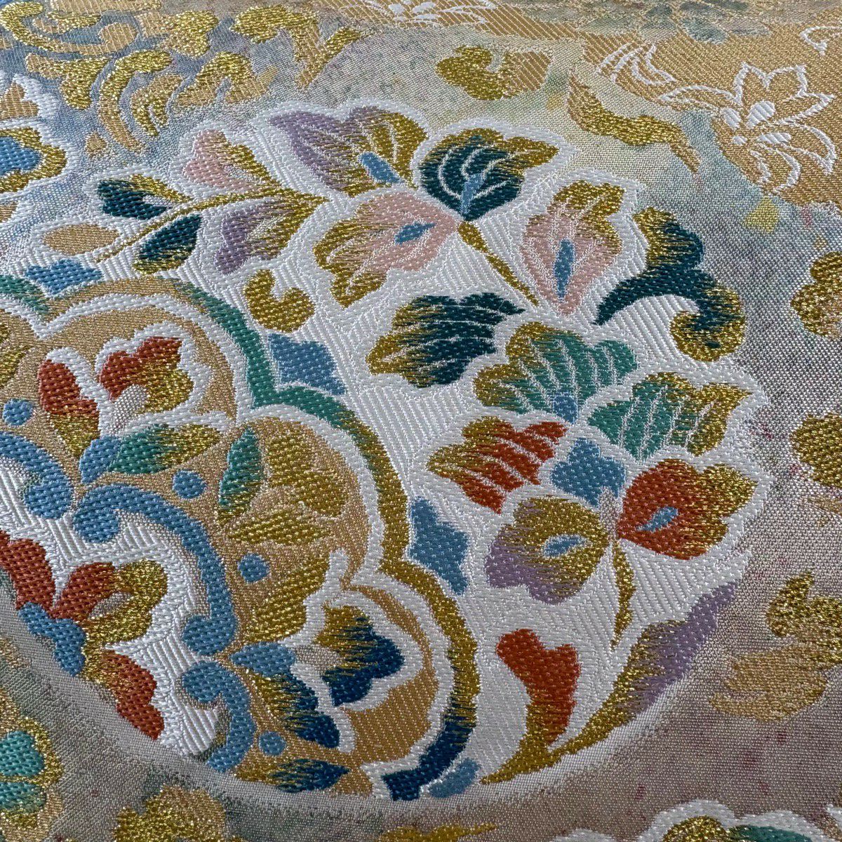 袋帶 秀品級 帶有落款 關西仕立 鳳凰 草花紋 金絲 金金箔 米色 六通 純蠶絲