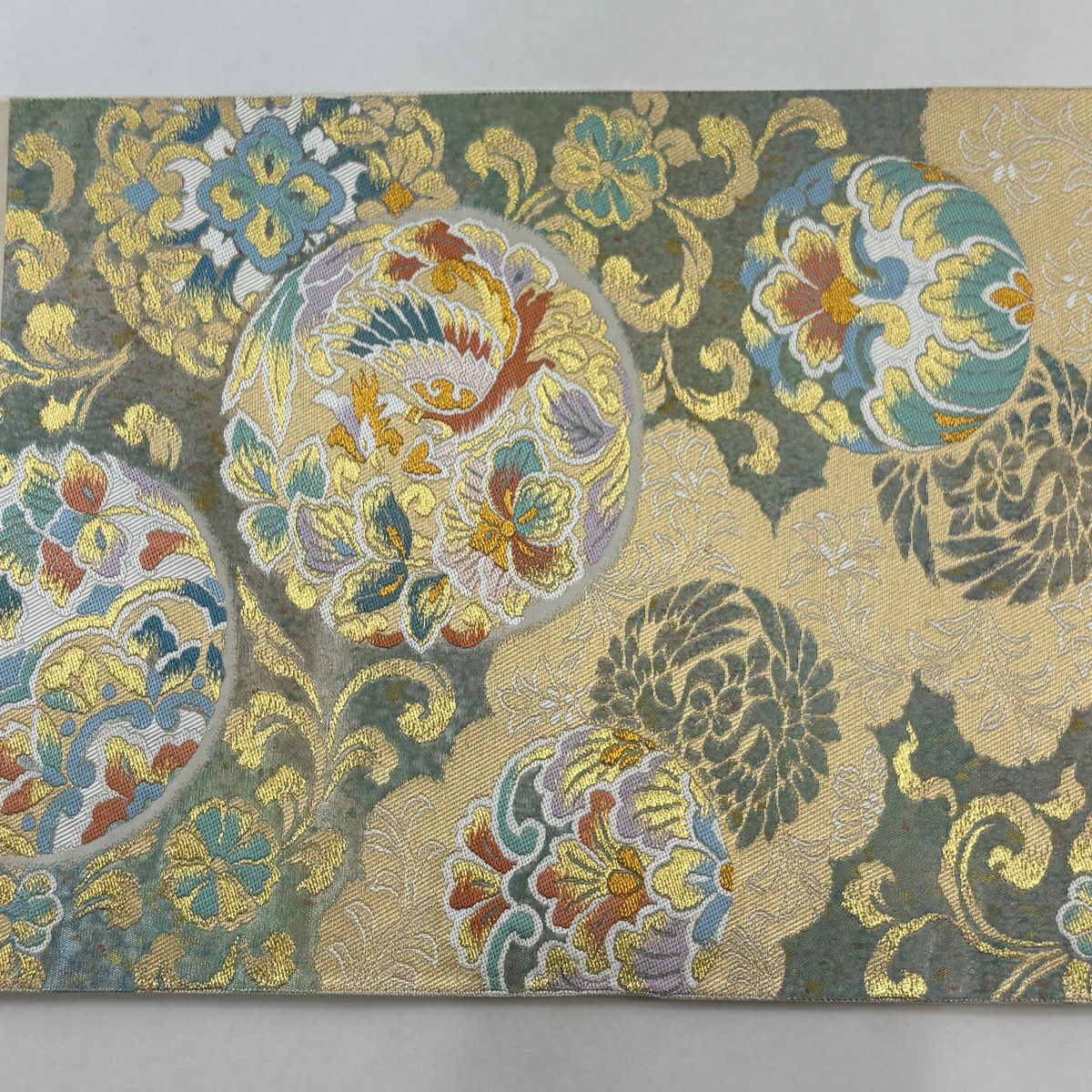 袋帶 秀品級 帶有落款 關西仕立 鳳凰 草花紋 金絲 金金箔 米色 六通 純蠶絲
