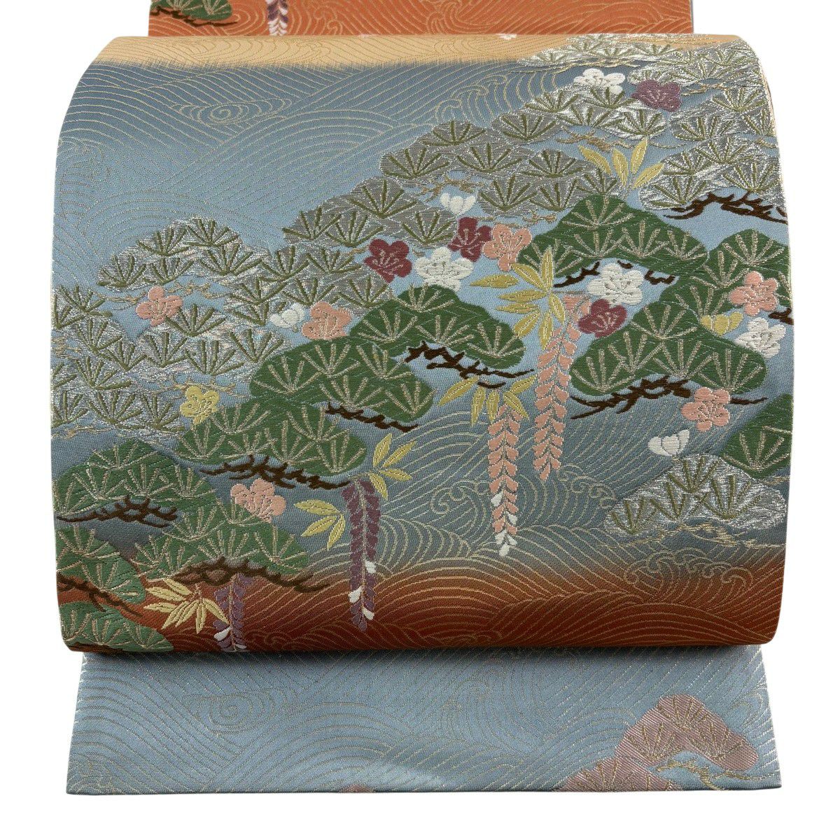 【美品】 袋帶 秀品級 松樹梅花 波頭 金銀絲 金金箔 灰綠 六通 純蠶絲
