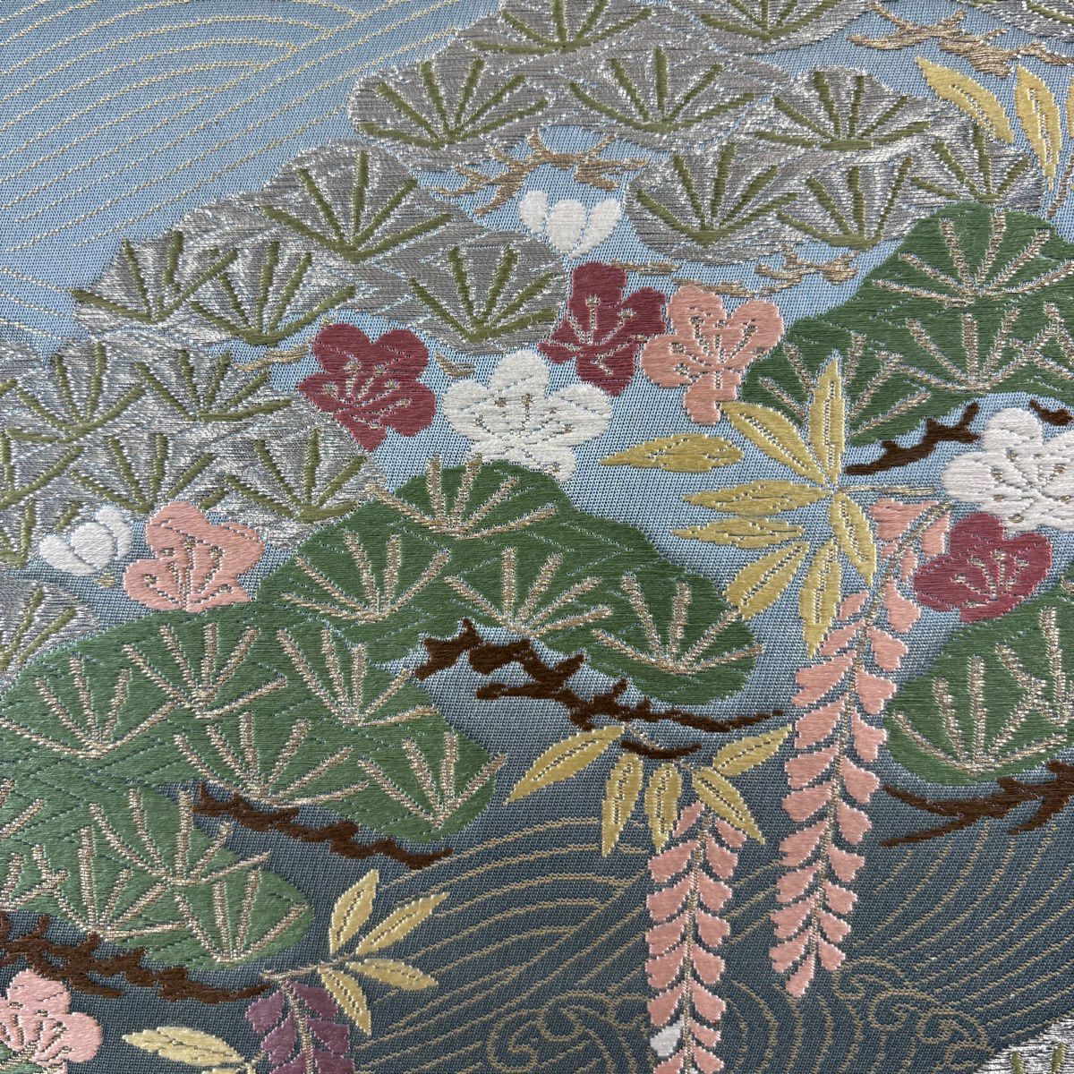 【美品】 袋帶 秀品級 松樹梅花 波頭 金銀絲 金金箔 灰綠 六通 純蠶絲