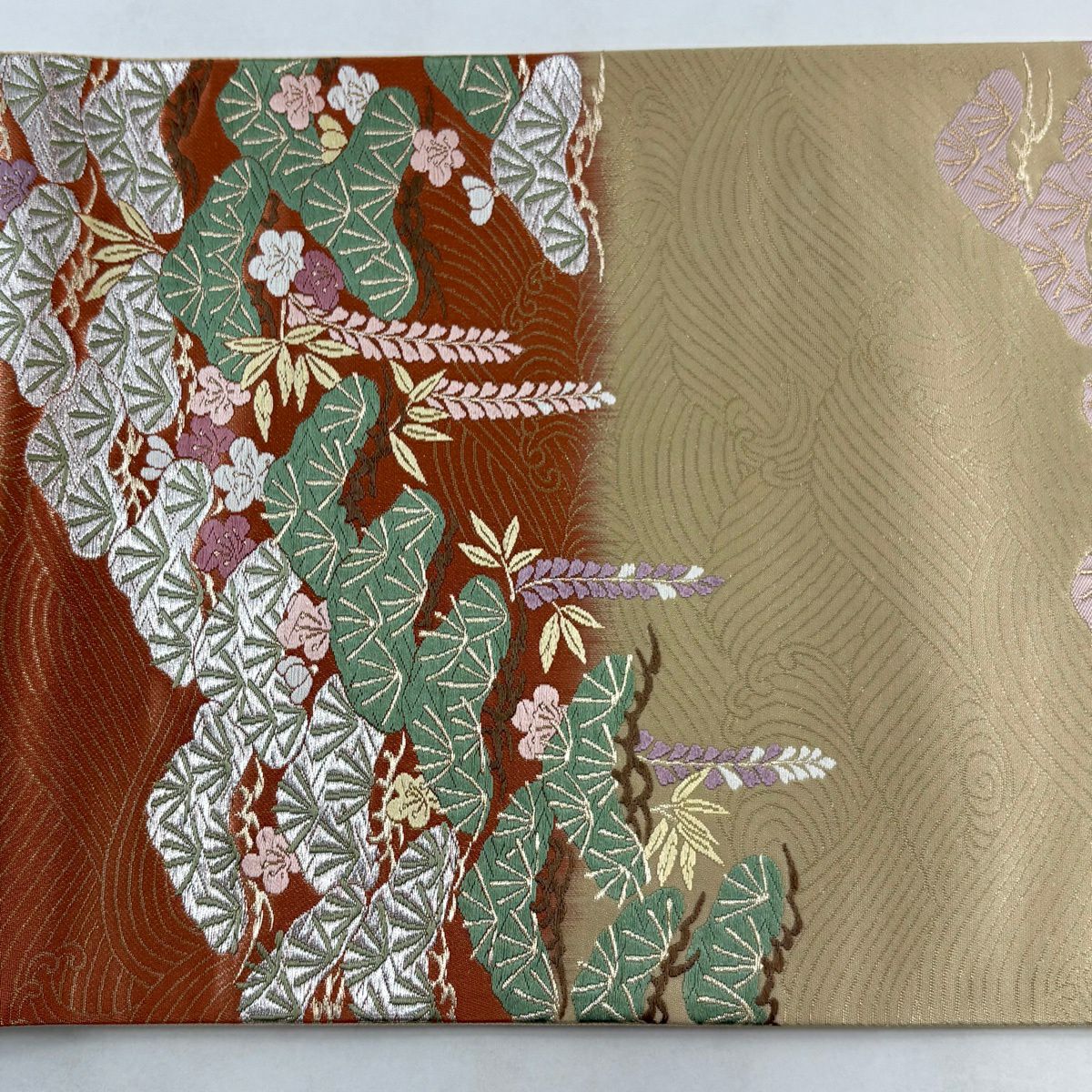 【美品】 袋帶 秀品級 松樹梅花 波頭 金銀絲 金金箔 灰綠 六通 純蠶絲