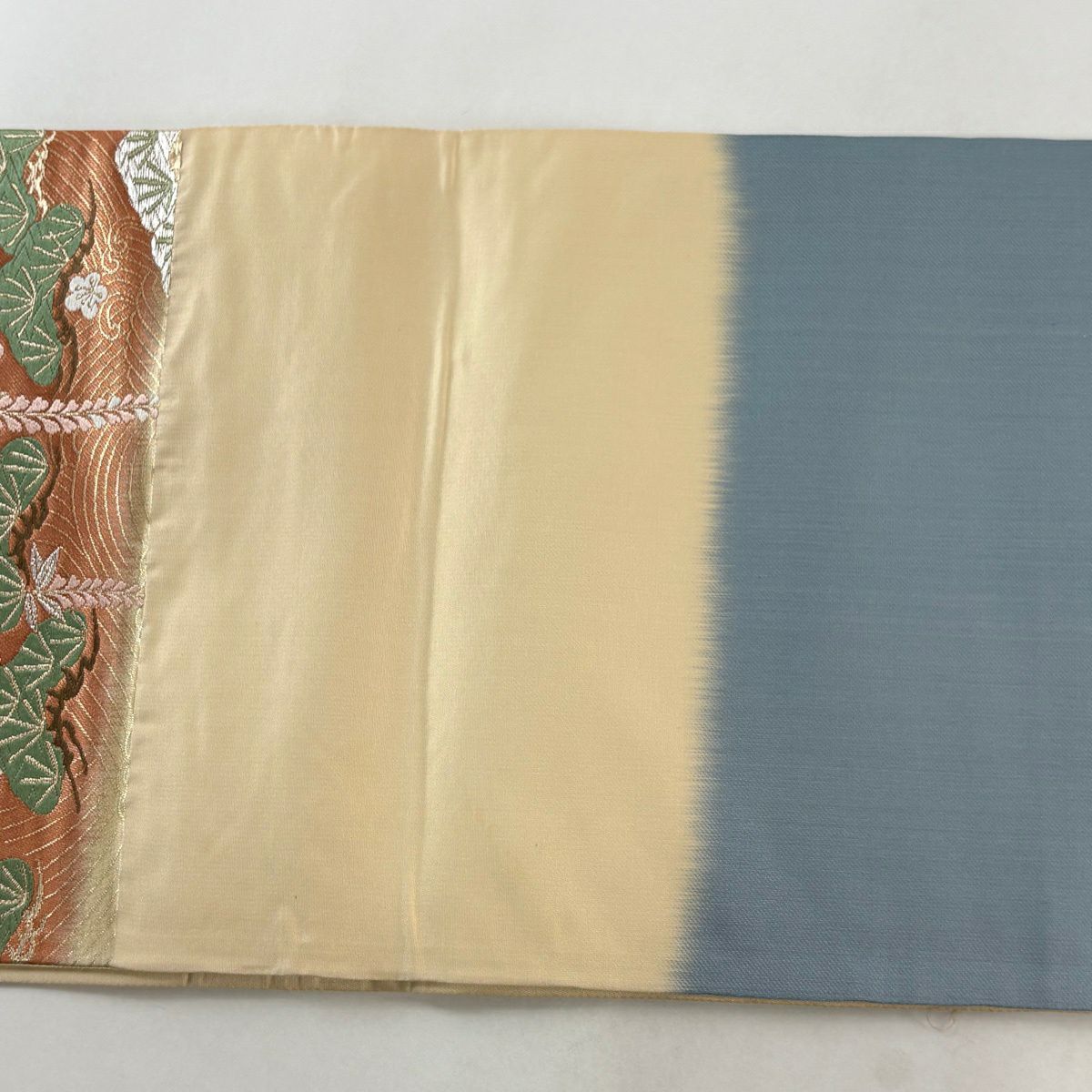 【美品】 袋帶 秀品級 松樹梅花 波頭 金銀絲 金金箔 灰綠 六通 純蠶絲