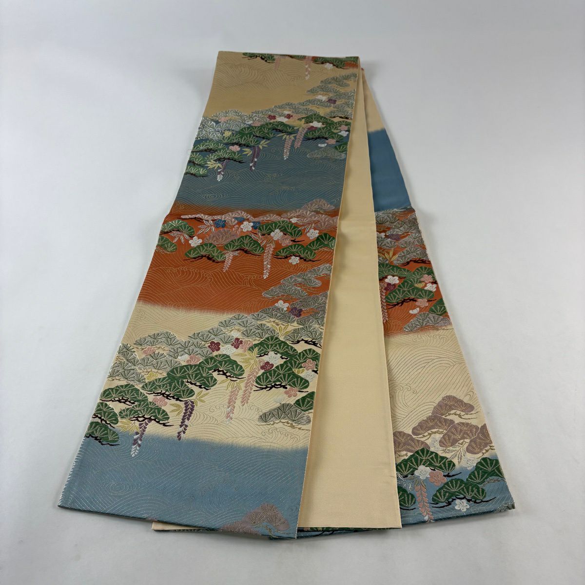 【美品】 袋帶 秀品級 松樹梅花 波頭 金銀絲 金金箔 灰綠 六通 純蠶絲