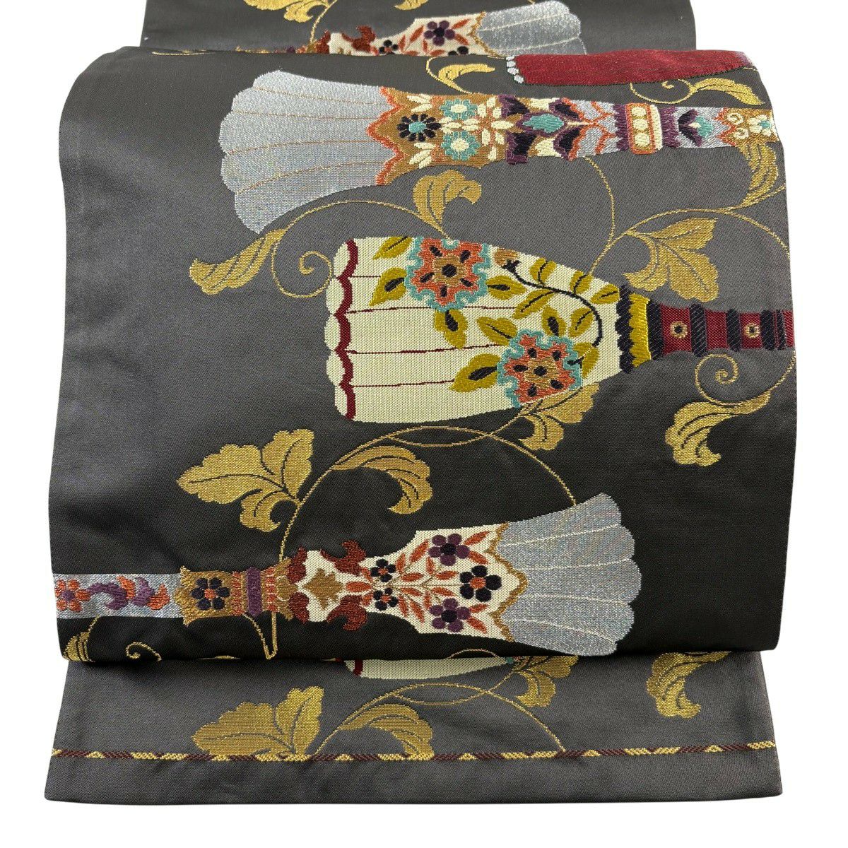 【美品】 袋帶 秀品級 花唐草紋 金糸 刺繡 灰 深藍 六通 純蠶絲