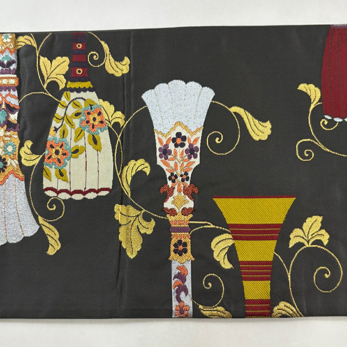 【美品】 袋帶 秀品級 花唐草紋 金糸 刺繡 灰 深藍 六通 純蠶絲