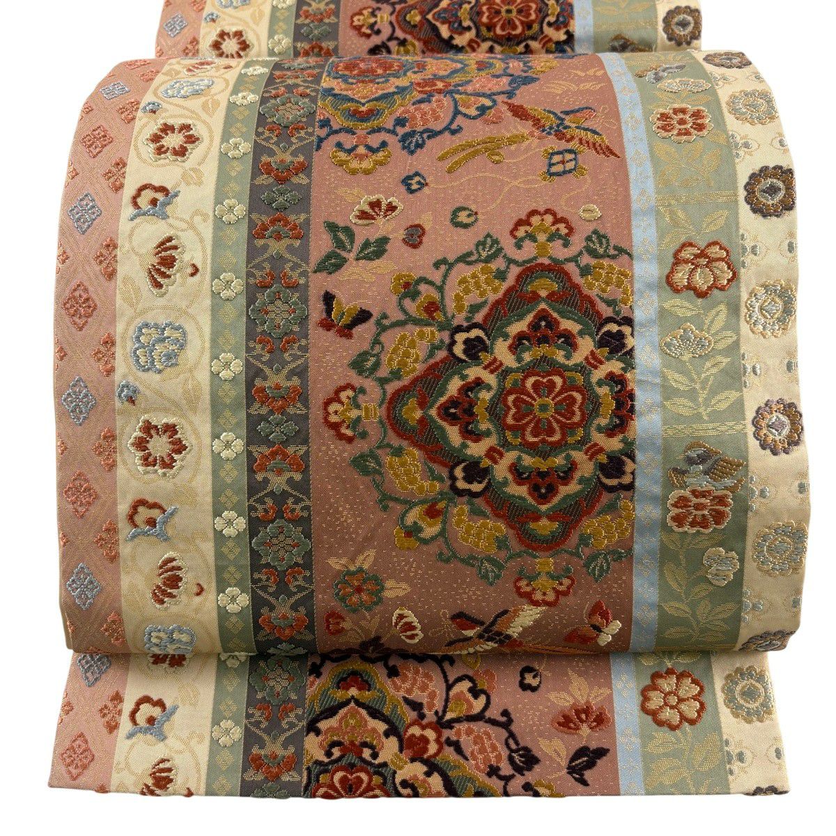 【美品】 袋帶 秀品級 華紋 鳥 刺繡 金金箔 薄小豆 六通 純蠶絲