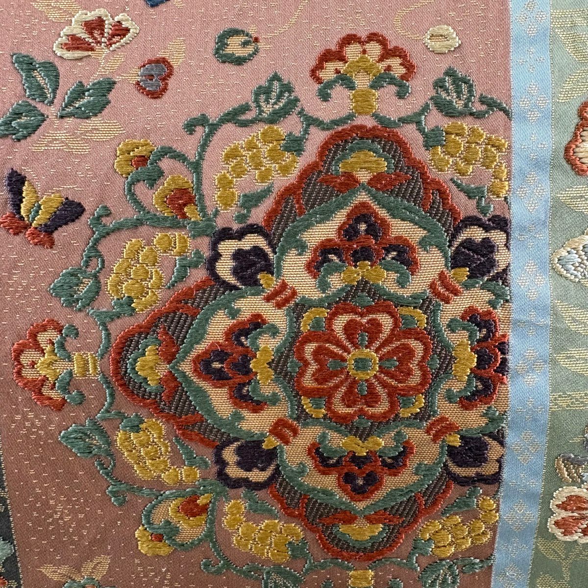 【美品】 袋帶 秀品級 華紋 鳥 刺繡 金金箔 薄小豆 六通 純蠶絲