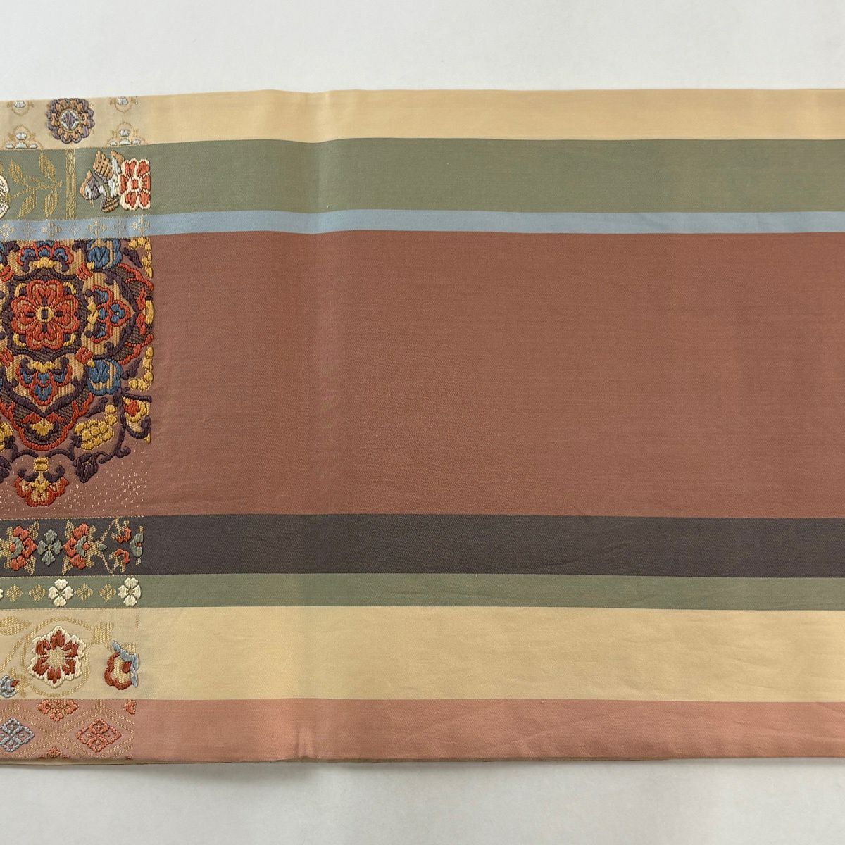 【美品】 袋帶 秀品級 華紋 鳥 刺繡 金金箔 薄小豆 六通 純蠶絲