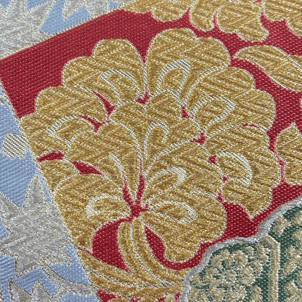 【美品】 袋帶 秀品級 川島織物 落款あり 色紙 草花紋 金銀彩 金金箔 米色 六通 純蠶絲