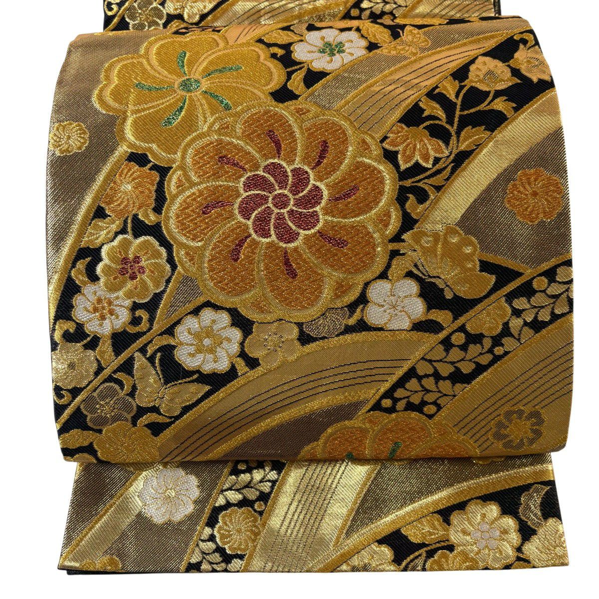 【美品】 袋帶 秀品級 振袖禮服禮服用 草花紋紋 蝴蝶 金絲 金金箔 金色 六通 純蠶絲