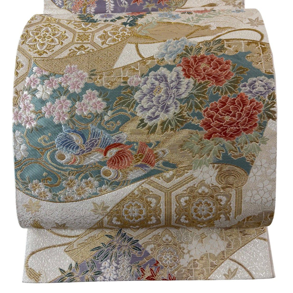 【美品】 袋帶 秀品級 鴛鴦 草花紋紋 金銀彩 金金箔 米色 六通 純蠶絲