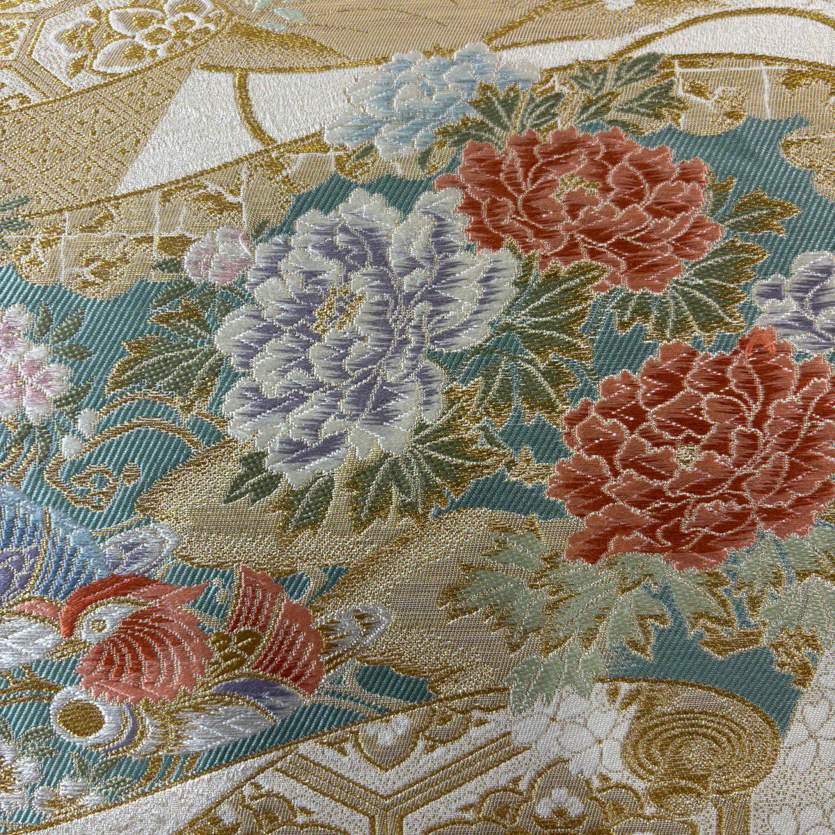 【美品】 袋帶 秀品級 鴛鴦 草花紋紋 金銀彩 金金箔 米色 六通 純蠶絲