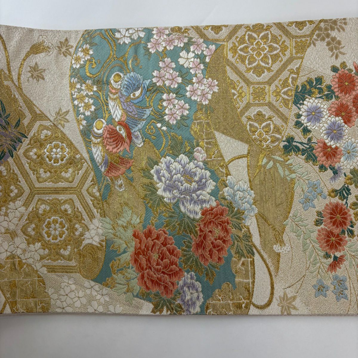 【美品】 袋帶 秀品級 鴛鴦 草花紋紋 金銀彩 金金箔 米色 六通 純蠶絲