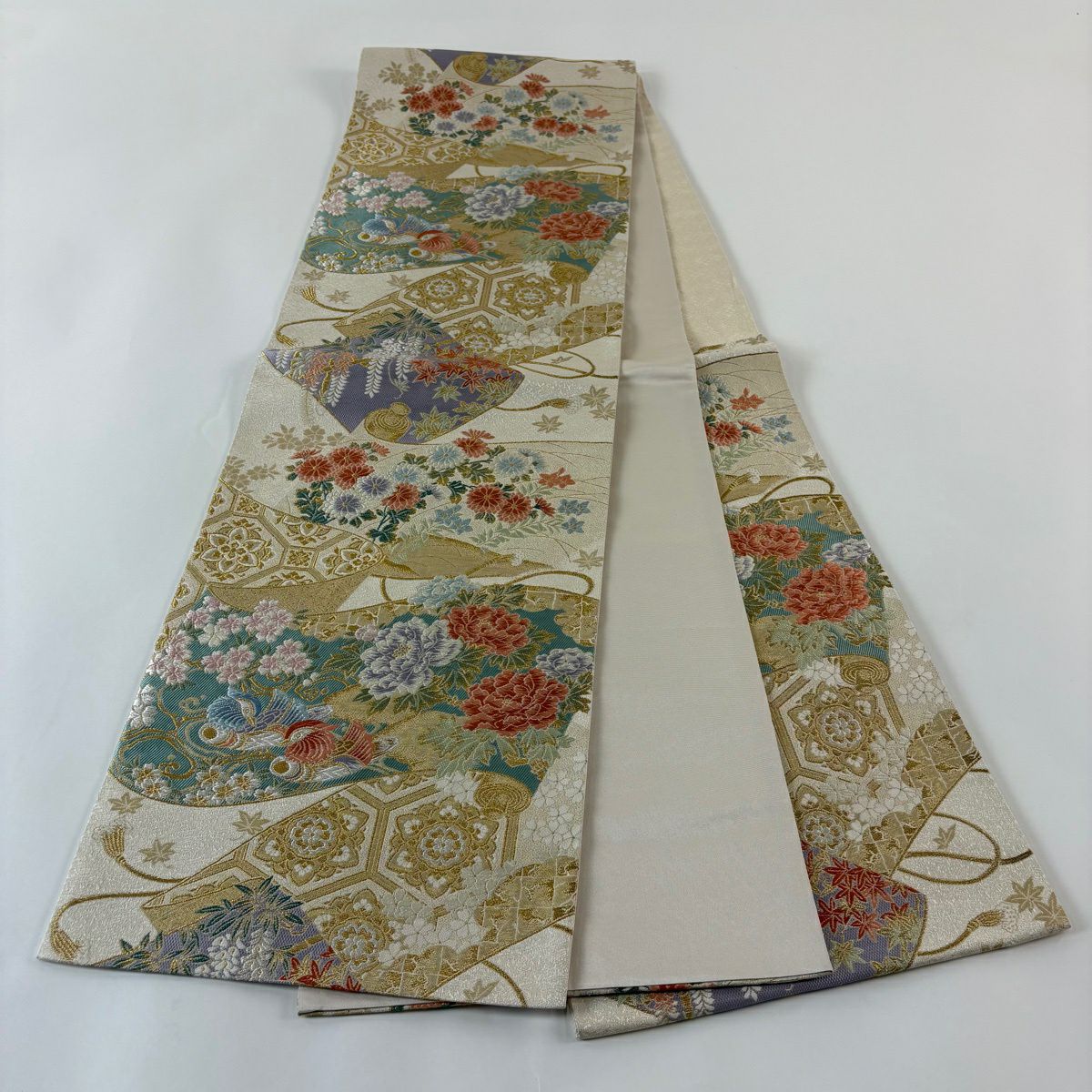 【美品】 袋帶 秀品級 鴛鴦 草花紋紋 金銀彩 金金箔 米色 六通 純蠶絲