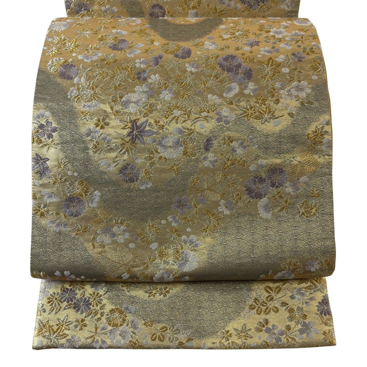 袋帶 秀品級 道長花滿載紋 波 金銀線 金金箔 金色 六通 純蠶絲