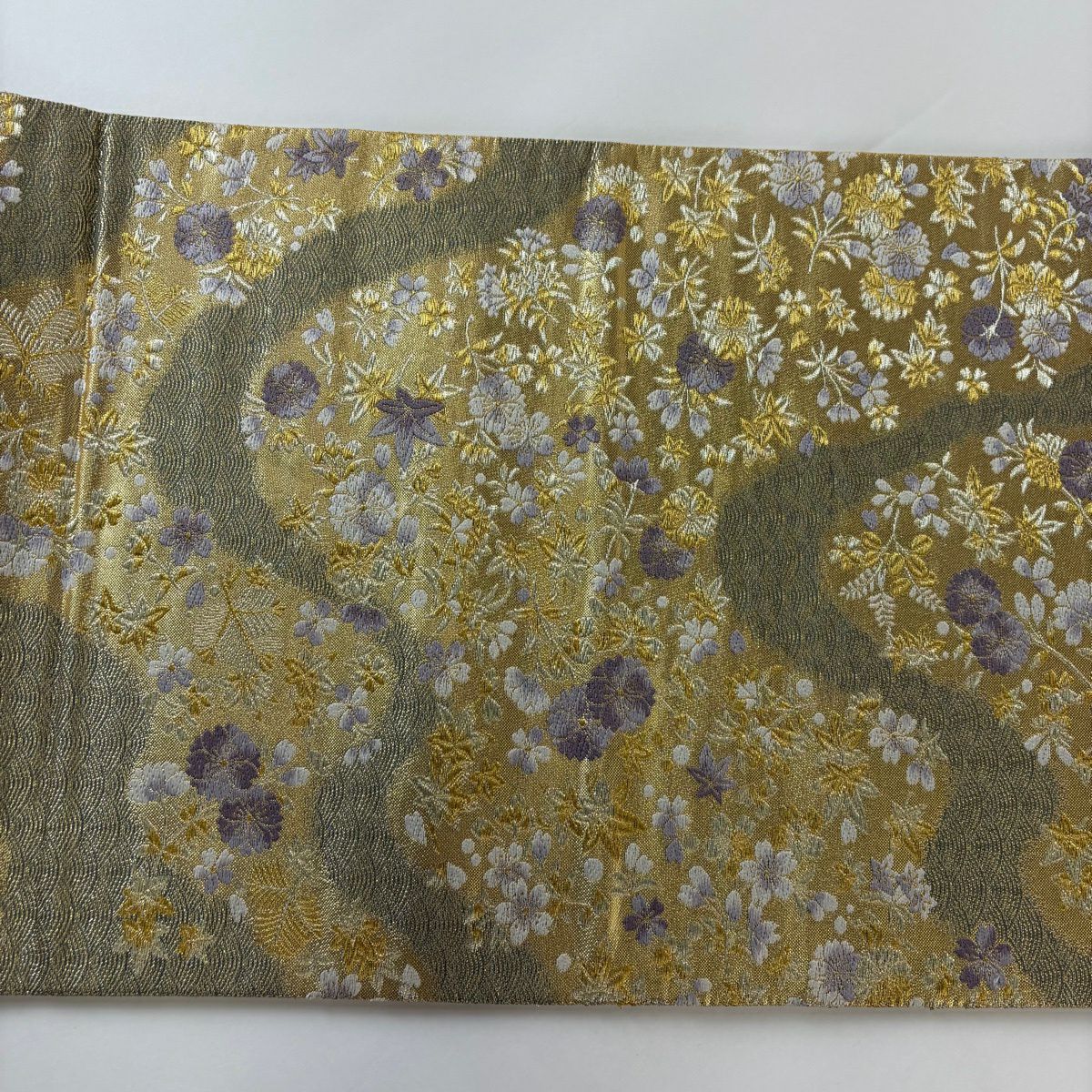 袋帶 秀品級 道長花滿載紋 波 金銀線 金金箔 金色 六通 純蠶絲