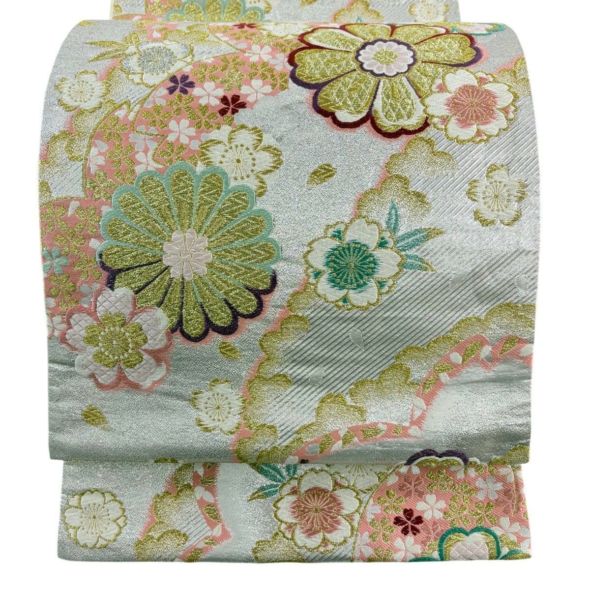 【美品】 袋帶 秀品級 振袖禮服禮服用 紅遊 櫻花 菊花 唐織 金絲 銀色 全通 純蠶絲