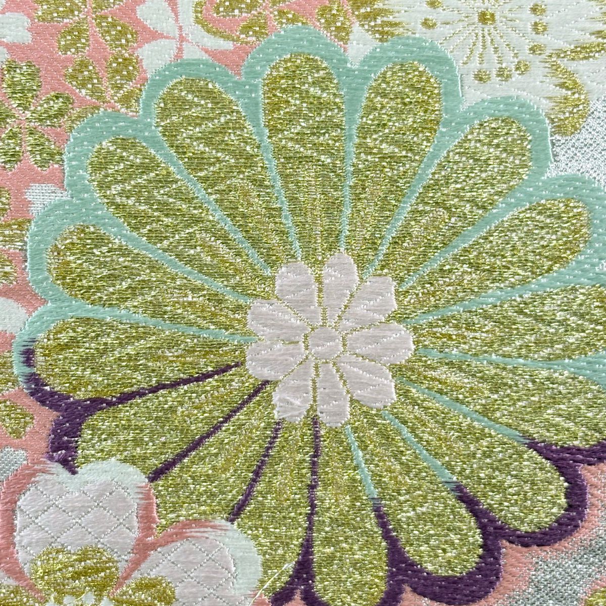 【美品】 袋帶 秀品級 振袖禮服禮服用 紅遊 櫻花 菊花 唐織 金絲 銀色 全通 純蠶絲