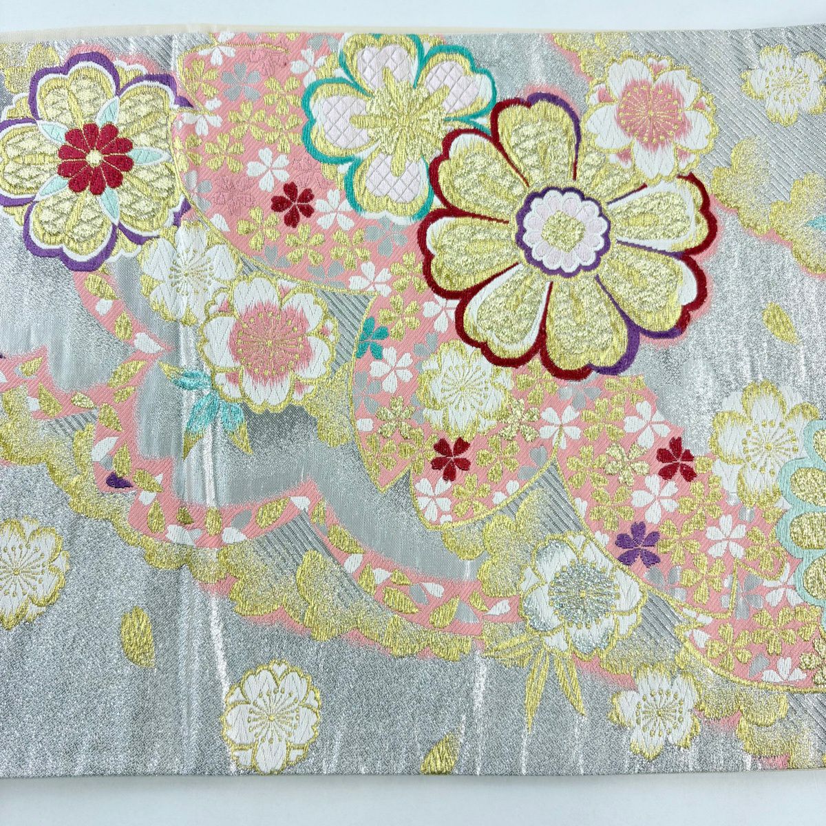 【美品】 袋帶 秀品級 振袖禮服禮服用 紅遊 櫻花 菊花 唐織 金絲 銀色 全通 純蠶絲
